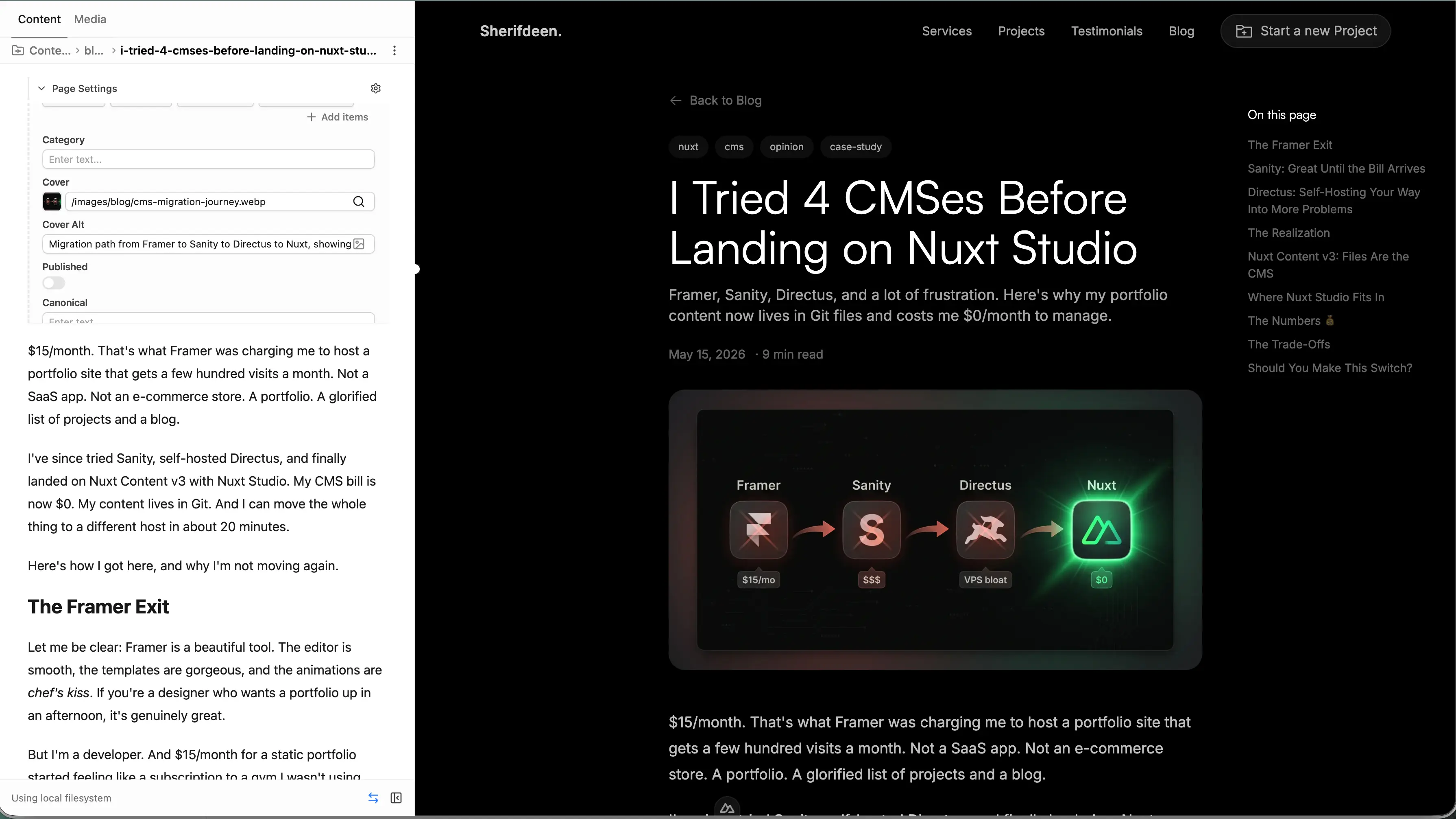 Nuxt Studio editor showing visual content editing with live preview